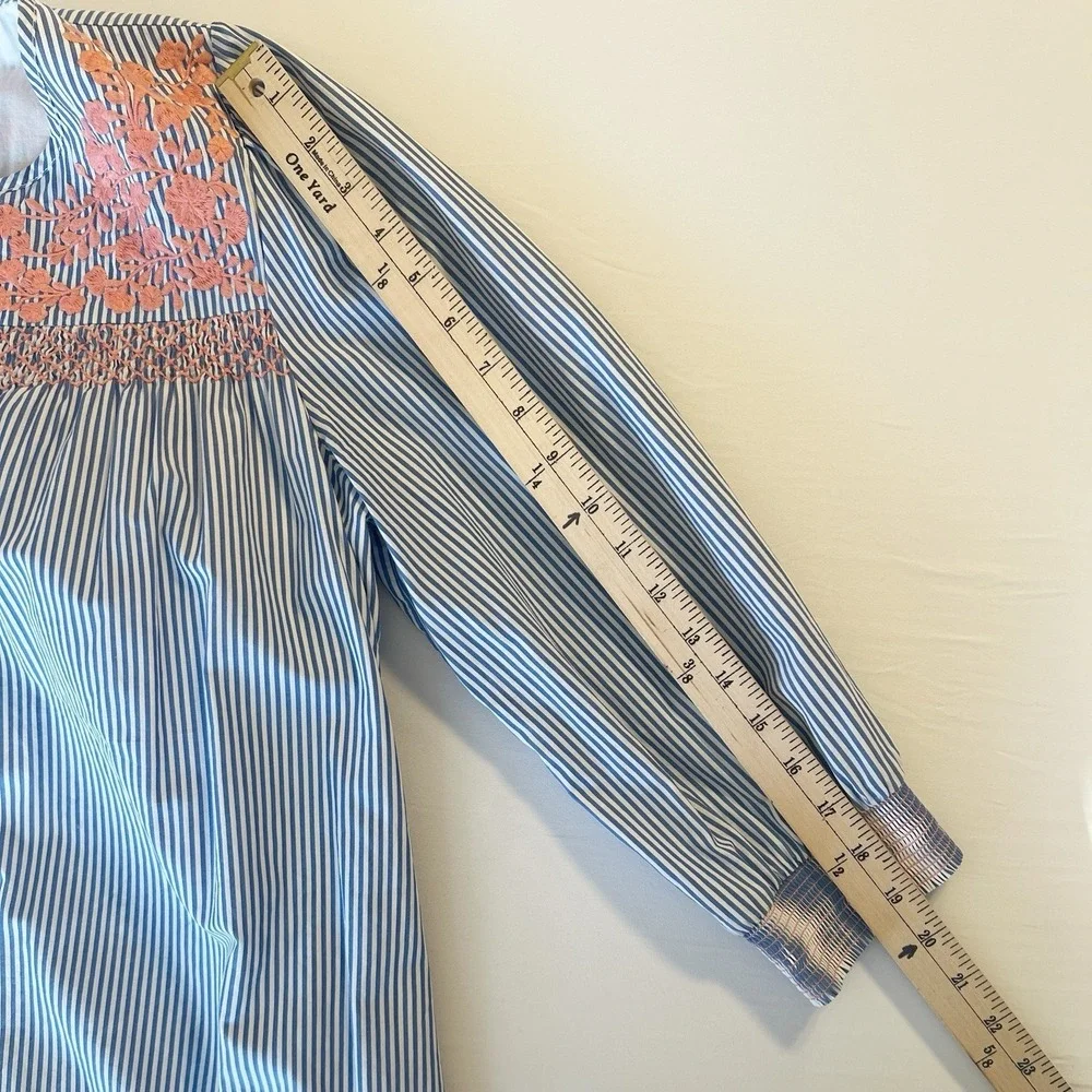 J CREW Preppy Blue Striped‎ Ruffle Dress Pink Embroidered Smocked Yolk Sz Medium
